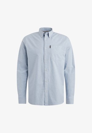 Lyseblå skjorte med knapper, lange ærmer, brystlomme, bomuldsstof, krave-desig, lukning med frontknapper, let tekstur.