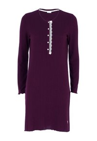 Abito a maniche lunghe, a coste, di un viola scuro con scollatura rotonda e patta con bottoni rifinita con pizzo. Tessuto morbido e texture.