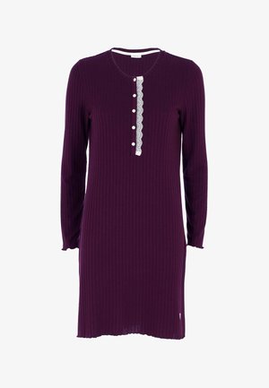 Abito a maniche lunghe, a coste, di un viola scuro con scollatura rotonda e patta con bottoni rifinita con pizzo. Tessuto morbido e texture.