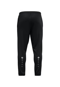 Pantalons de sport noirs avec une texture lisse, présentant un design ajusté, des poches et une série de points gris le long du côté inférieur.