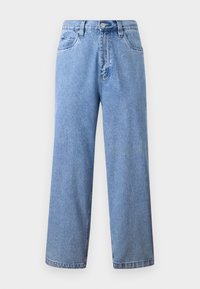 Lichtblauwe high-waisted wijde jeans met een knoop en rits aan de voorkant en een vijf-pocket ontwerp.