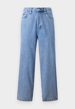 Lichtblauwe high-waisted wijde jeans met een knoop en rits aan de voorkant en een vijf-pocket ontwerp.