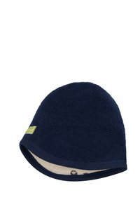Cappello in pile blu navy con una texture morbida, forma arrotondata e bordo a fascia. Presenta un piccolo etichetta verde con dettagli del marchio sul lato.
