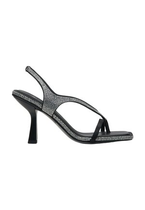 Schwarze Slingback-High-Heel-Sandalen mit Kristallakzenten, offener Zehenspitze, flachen Riemen und einem eleganten Blockabsatz. Glänzende Textur, raffiniertes modernes Design.