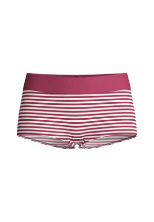 Shorts de bain rayés avec une ceinture magenta solide, des rayures blanches et magenta contrastantes, et un style slip avec une texture lisse.