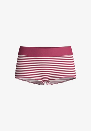 Shorts de bain rayés avec une ceinture magenta solide, des rayures blanches et magenta contrastantes, et un style slip avec une texture lisse.