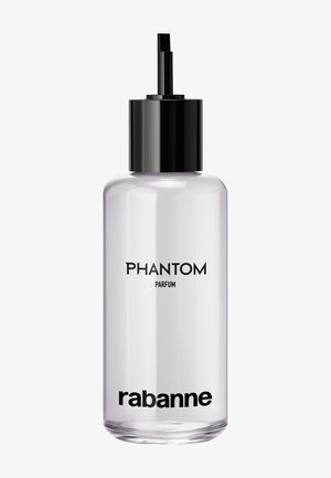Clear cylindrical perfume bottle with black pump top, labeled "PHANTOM PARFUM" and branding "rabanne" on transparent container.