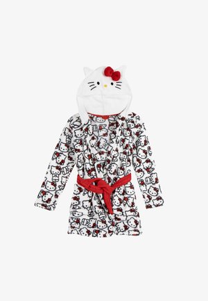 Accappatoio bianco per bambini con cintura rossa, decorato con volti di Hello Kitty, e un cappuccio bianco con orecchie da gatto e un fiocco rosso.