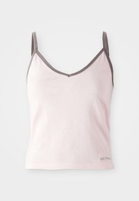 Helles rosa Baumwoll-Camisole mit grauem Saum, dünnen Trägern und V-Ausschnitt-Design, glatter Textur und subtiler Markenkennzeichnung am unteren Saum.