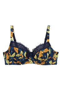 Soutien-gorge à armatures avec une base bleu marine et un motif de feuilles multicolores en jaune et orange. Dentelle le long des bonnets et bretelles réglables.