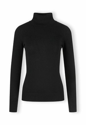 Pulover negru cu guler înalt, fabricat dintr-un material tricotat neted, având mâneci lungi și manșete și tiv cu danteluri pentru un aspect ajustat.