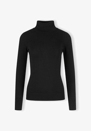 Černý rolák vyrobený z hladké pleteniny, s dlouhými rukávy a žebrovanými manžetami a lemem pro přiléhavý vzhled.