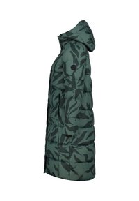 Abrigo puffer largo en verde camuflaje con capucha, que presenta un diseño acolchado, un parche de logo negro y bolsillos laterales con cremallera.