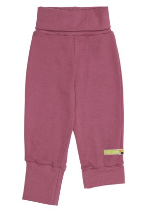 Lila Baumwollleggings mit breitem Taillenbund und umgeschlagenen Bündchen, ausgestattet mit einem kleinen Logo-Tag an der Unterseite. Weicher, dehnbarer Stoff.