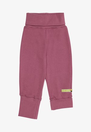 Leggings di cotone viola con una cintura alta e polsini ripiegati, caratterizzati da una piccola etichetta logo sul lato inferiore. Tessuto morbido e elastico.