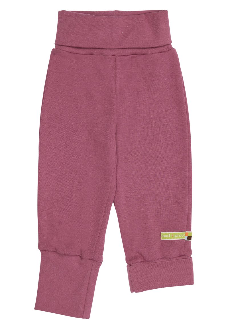 Lila Baumwollleggings mit breitem Taillenbund und umgeschlagenen Bündchen, ausgestattet mit einem kleinen Logo-Tag an der Unterseite. Weicher, dehnbarer Stoff.