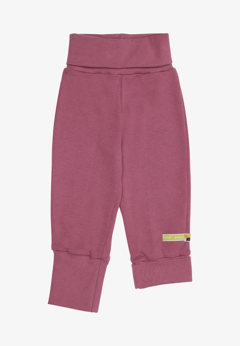 Lila Baumwollleggings mit breitem Taillenbund und umgeschlagenen Bündchen, ausgestattet mit einem kleinen Logo-Tag an der Unterseite. Weicher, dehnbarer Stoff.