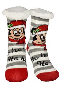 Calzini a righe con tema natalizio, con un design lavorato a maglia rosso e bianco, morbidi bordi superiori bianchi e un personaggio di Topolino in evidenza.