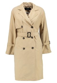 Trench-coat beige à boutonnage double, larges revers et manches 3/4. Doté d'une ceinture et de boutons noirs en accent. Texture lisse.