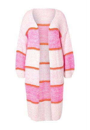Strickjacke in Pink und Weiß mit orangen Streifen. Offene Vorderseite, lange Ärmel und leichte Textur. Verfügt über verschiedene Strickmuster.