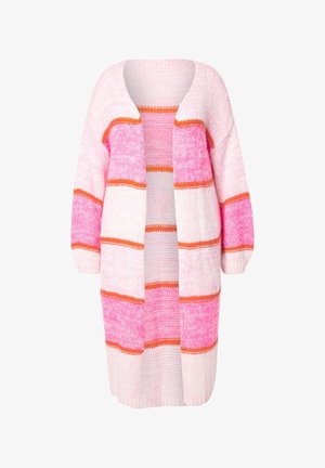 Strickjacke in Pink und Weiß mit orangen Streifen. Offene Vorderseite, lange Ärmel und leichte Textur. Verfügt über verschiedene Strickmuster.