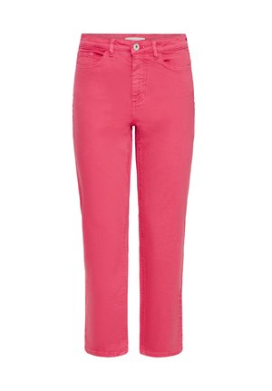 Vaqueros rosas de pierna recta para mujer, de cintura alta, con cierre frontal de botón y cremallera, trabillas para cinturón y diseño de cinco bolsillos.