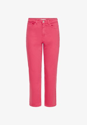 Dames hoge taille rechtvallende roze spijkerbroek met voorsluiting met knoop en rits, broeklussen en vijfzakkenontwerp.