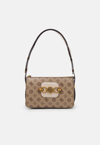 Béžová plátěná kabelka s hnědým vzorem s logem. Disponuje hladkým krémově barevným zapínáním a hardwarem ve zlaté barvě. Dvojité kožené popruhy.