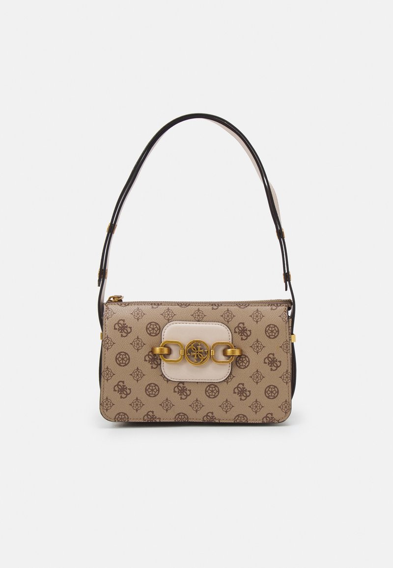 Béžová plátěná kabelka s hnědým vzorem s logem. Disponuje hladkým krémově barevným zapínáním a hardwarem ve zlaté barvě. Dvojité kožené popruhy.
