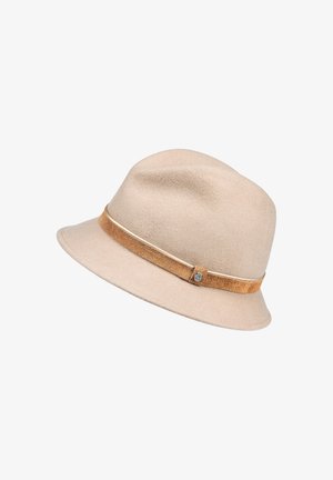 Beige felt bucket hat with a brown suede band, featuring a silver accent. Soft texture and slightly curved brim.
