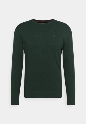 Dunkelgrüner Pullover mit langen Ärmeln und Rundhalsausschnitt, mit gerippten Bündchen und Saum, auf hellem Hintergrund dargestellt.