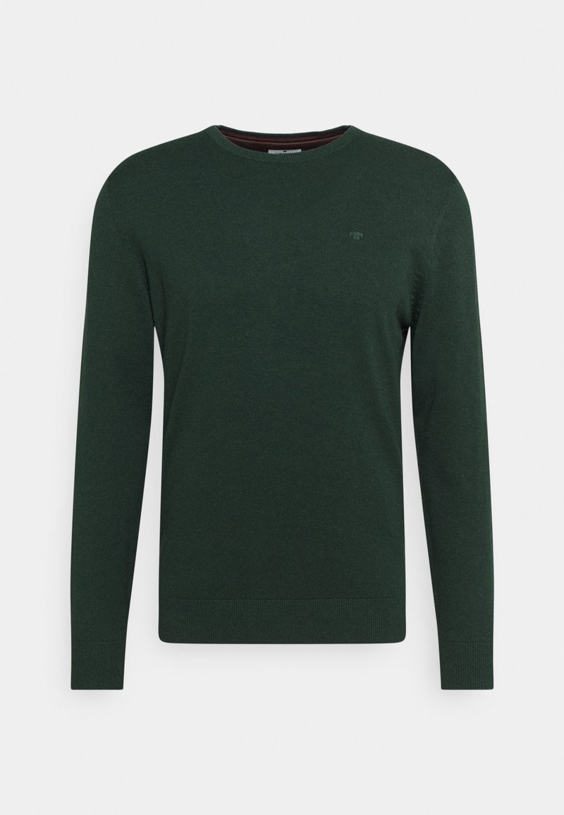 Pull vert foncé à manches longues et col rond avec poignets et ourlet côtelés, présenté sur un fond clair uni.