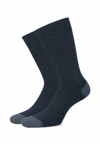 Ciemnoniebieskie skarpetki z prążkowanym wykończeniem, wykonane z miękkiego materiału. Posiadają jasnoniebieskie wzmocnienia na palcach i pięcie. Klasyczny design, bez wzorów.