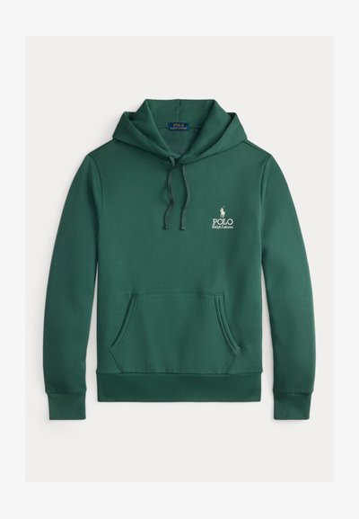 Sudadera verde hecha de tela suave, con un bolsillo tipo canguro, capucha con cordón y logo bordado de "Polo Ralph Lauren" en el pecho.