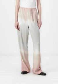 Lightweight, tie-dye wide-leg pants with a pastel gradient from pink to gray. Features an elastic waistband and soft, smooth texture.