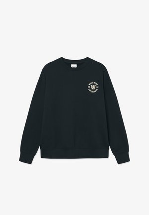 Sweatshirt noir à manches longues, col rond, et un petit logo à l'avant en texte beige. Tissu doux et texturé, avec des poignets et un ourlet côtelés.