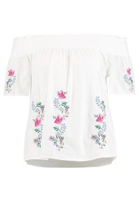 Blusa bianca off-shoulder con scollatura elastica, maniche corte e ricami floreali in rosa, blu e verde sulla parte anteriore e sulle maniche.