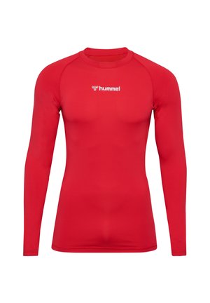Rode sportshirt met lange mouwen, gemaakt van rekbaar materiaal, met een ronde hals en een subtiele logo op de borst.