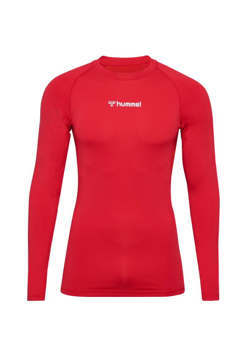 Rode sportshirt met lange mouwen, gemaakt van rekbaar materiaal, met een ronde hals en een subtiele logo op de borst.