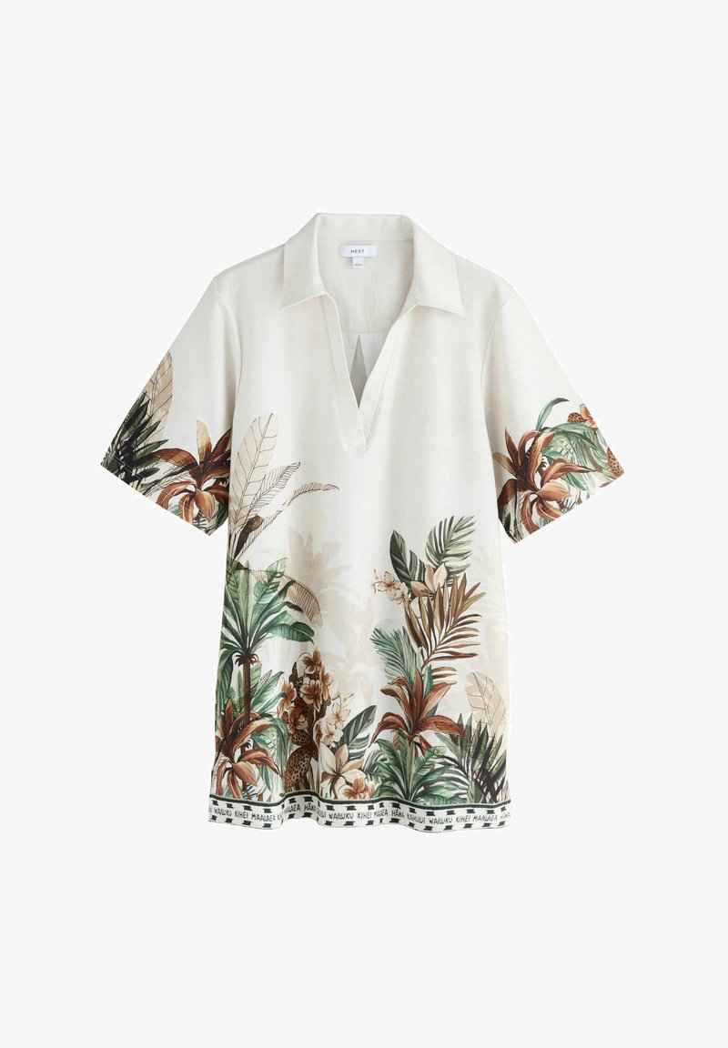 Short-sleeve shirt in light fabric with a tropical botanical print in greens, browns, and beige; features a notch neckline and decorative hem.
