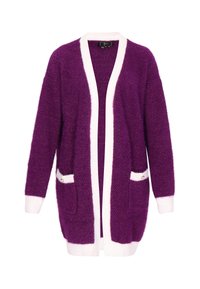 Cardigan mov cu o textură pufoasă, cu margini și buzunare albe, având detalii cu accent pe butoane. Design cu deschidere frontală.