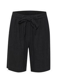 Shorts noirs arrivant au genou avec des poches avant et une ceinture en tissu nouée en nœud au niveau de la taille élastique.