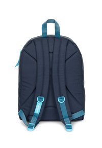Zaino navy con schienale imbottito, spallacci regolabili e dettagli turchesi. Presenta una tasca con zip e tessuto testurizzato per una maggiore durata.