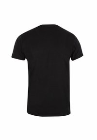 Černé bavlněné tričko s kulatým výstřihem, krátkými rukávy a hladkým povrchem. Bez vzorů nebo akcentů, s jednoduchým, jednobarevným designem.