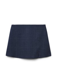 Gonna a quadri blu navy con taglio dritto, dotata di cerniera sul retro e una leggera fessura sul lato sinistro per un dettaglio in più. Tessuto morbido.