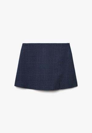 Marineblaue karierte Rock mit geradem Schnitt, ausgestattet mit einem Reißverschluss hinten und einem leichten Schlitz auf der linken Seite für zusätzliche Details. Weiche Textur.