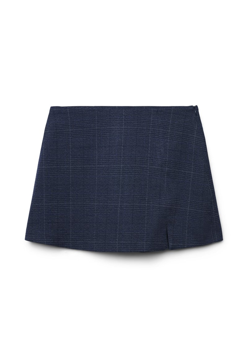 Gonna a quadri blu navy con taglio dritto, dotata di cerniera sul retro e una leggera fessura sul lato sinistro per un dettaglio in più. Tessuto morbido.