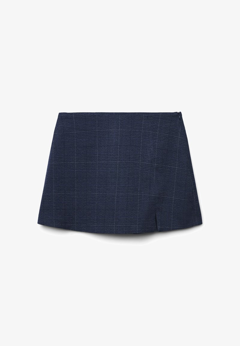 Gonna a quadri blu navy con taglio dritto, dotata di cerniera sul retro e una leggera fessura sul lato sinistro per un dettaglio in più. Tessuto morbido.