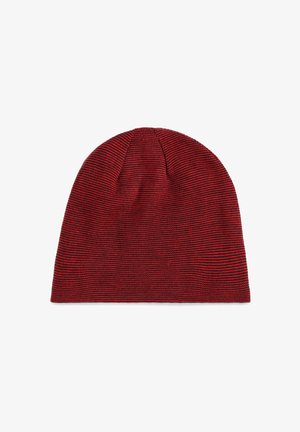 Bonnet en tricot rouge avec un motif texturé et une finition douce, sommet conique et coupe ajustée et uniforme. Convient pour un usage décontracté.