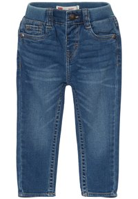 Slim fit jeans i medelblå denim, med en ribbad elastisk midja, sömdetaljer och två framfickor. Slät textur med lätt urtvättning.